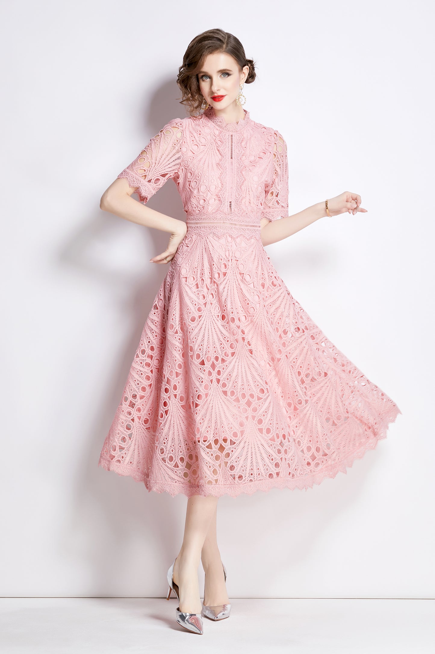 Women's Floral Lace Crew Neck Crochet Waist Midi Dress