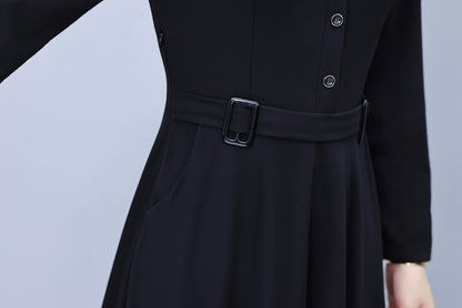 Women's V-Neck with Pockets Long Sleeve Black Dress