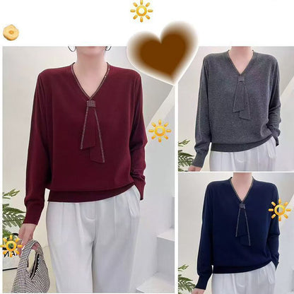 Women's Tie V-Neck Sweater Solid Color Pullover Tops