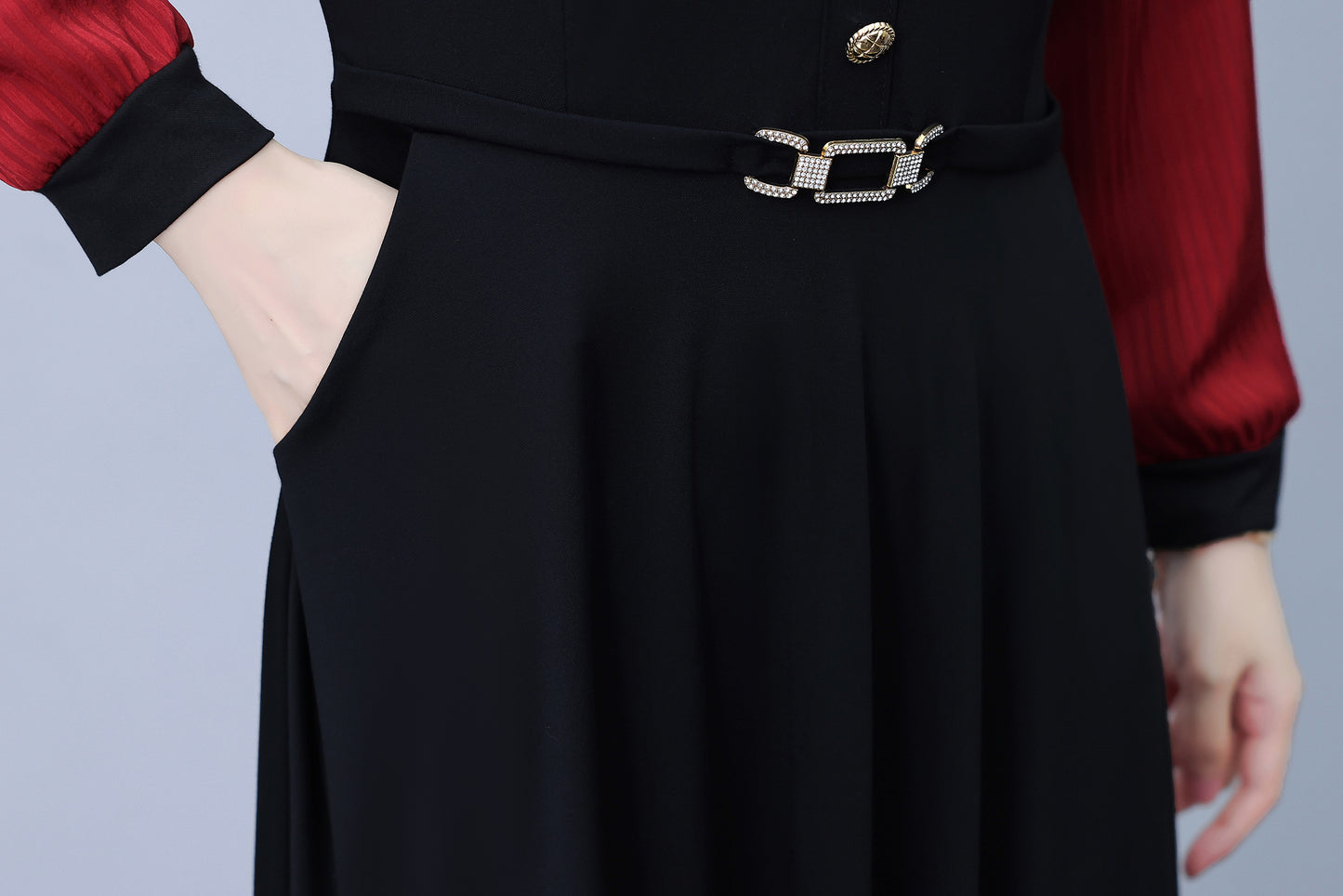 Women's V-Neck with Pockets Long Sleeve Black Dress