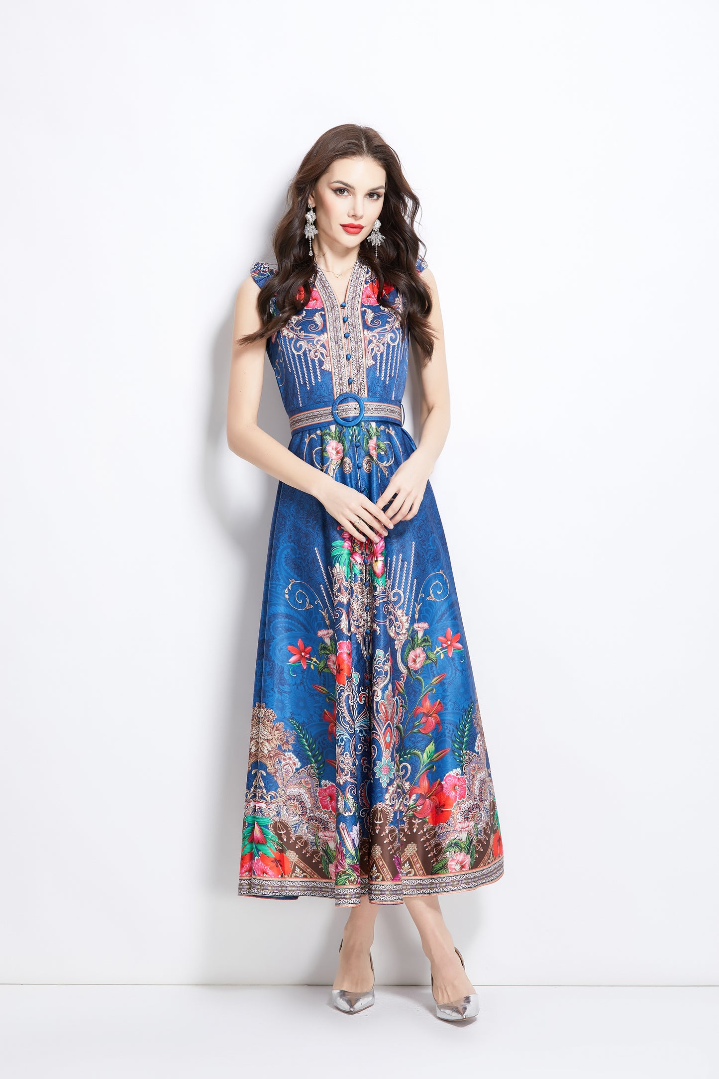 Women's Floral Print V-Neck Sleeveless Maxi Dress