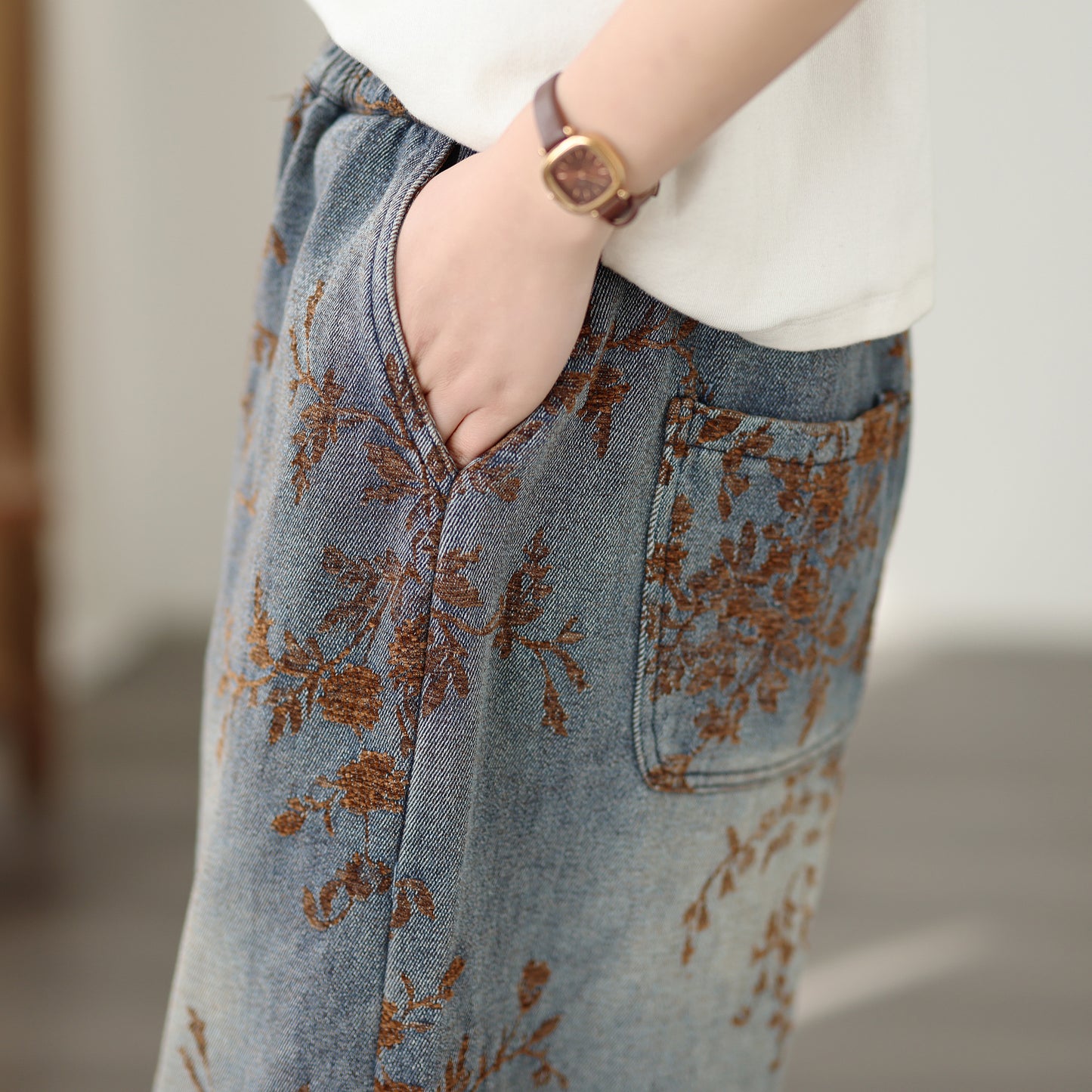 26-Women's Denim Wide Leg Baggy Elastic Waist  Jeans - LAI MENG FIVE CATS