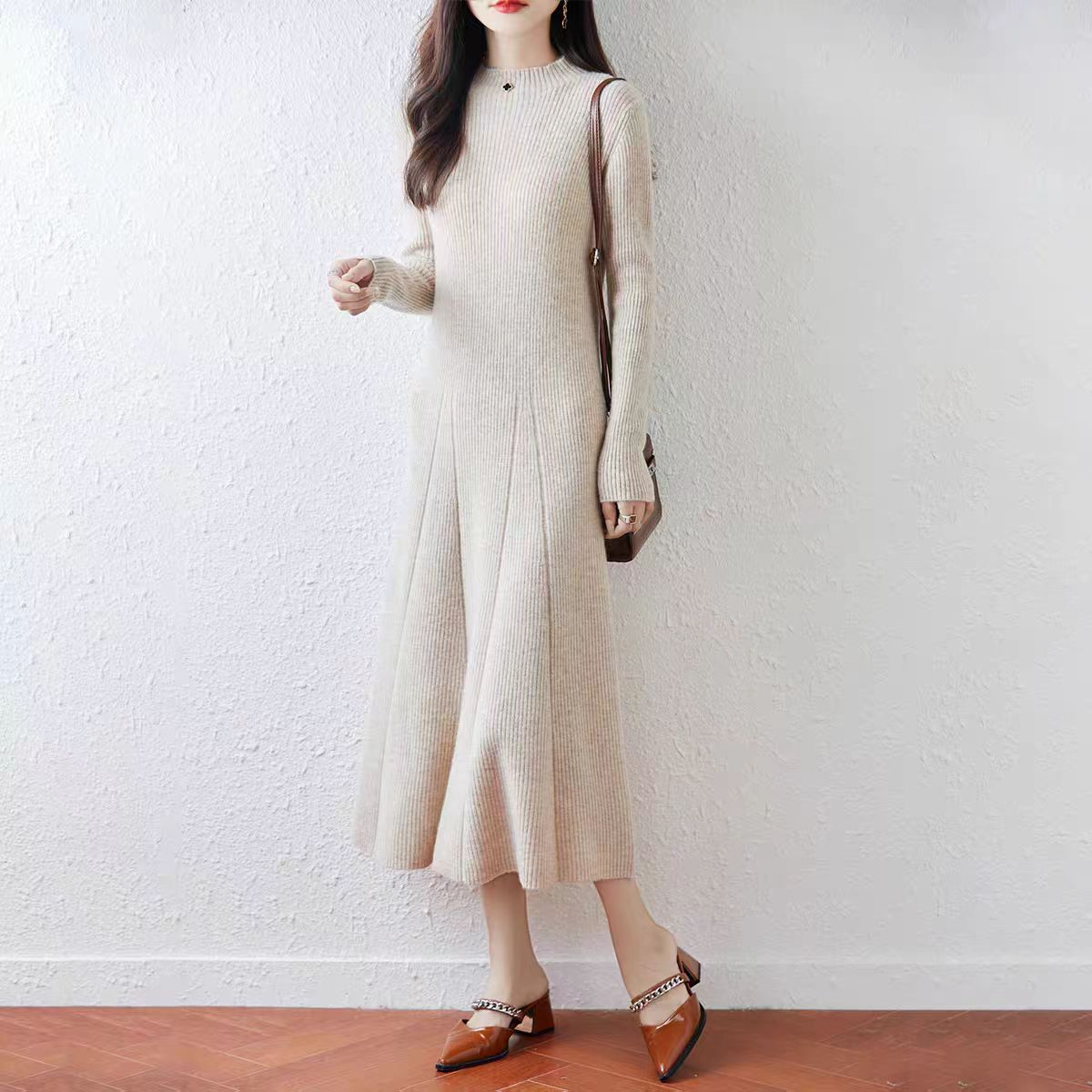 Women's Mock Neck Sweater Ribbed Knit Maxi Dress