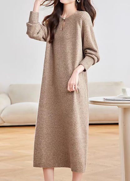 28721 Women's Keyhole Neck Knit Midi Dress – Relaxed Fit | 3 Colors
