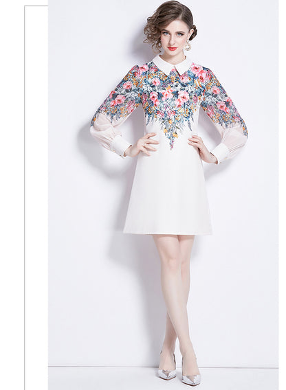 SSY-Women's Floral Chiffon Long Sleeve Mini Dress