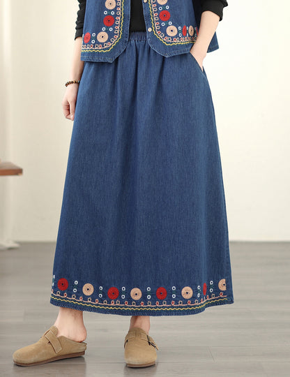 Women's Embroidered Elastic Waist Denim Jean Maxi Skirt Pocket - LAI MENG FIVE CATS