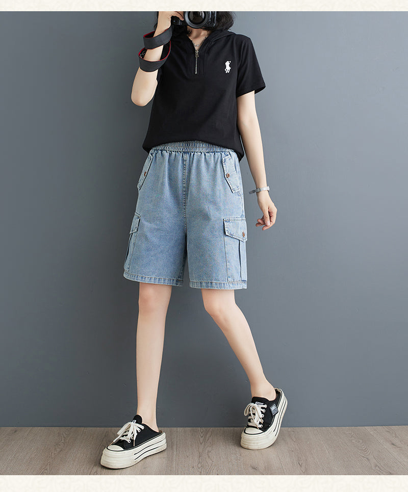 Women's High Waisted Baggy Jean Wide Leg Denim Shorts - LAI MENG FIVE CATS