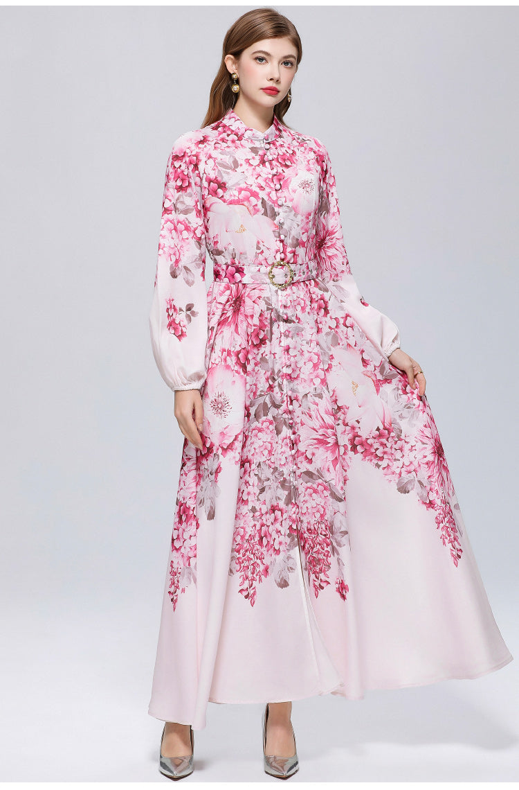 Women's Lantern Sleeve Floral Print Button Maxi Dress With Belts