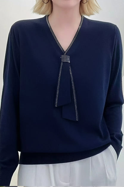 Women's Tie V-Neck Sweater Solid Color Pullover Tops