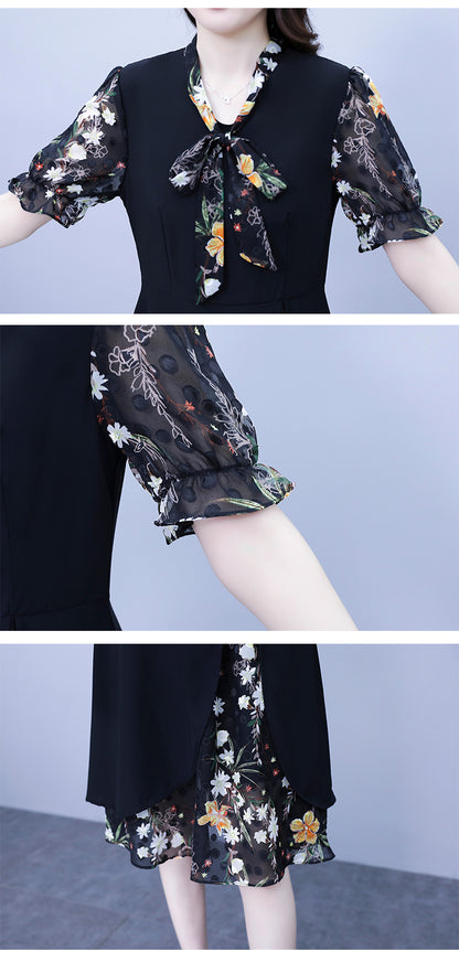 Women's Tie V-Neck Short Sleeve A-line Midi Dress