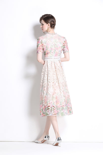 Women's Lace Floral Short Sleeve Crochet Waist Cocktail Midi Dress