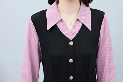 Women's Lapel V-Neck Pocket Long Sleeve Black Dress