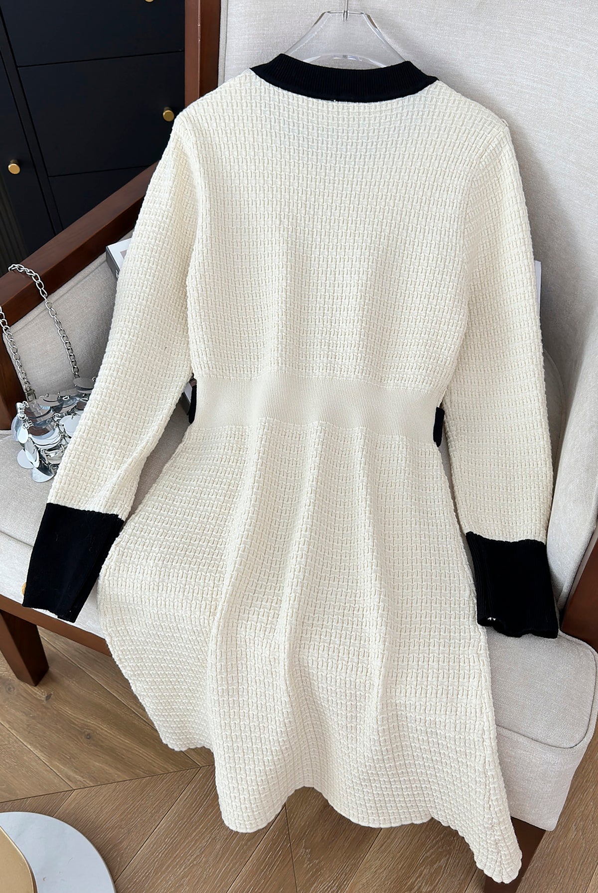 28701 Gold-Button Knit Mini Dress – Black & Ivory