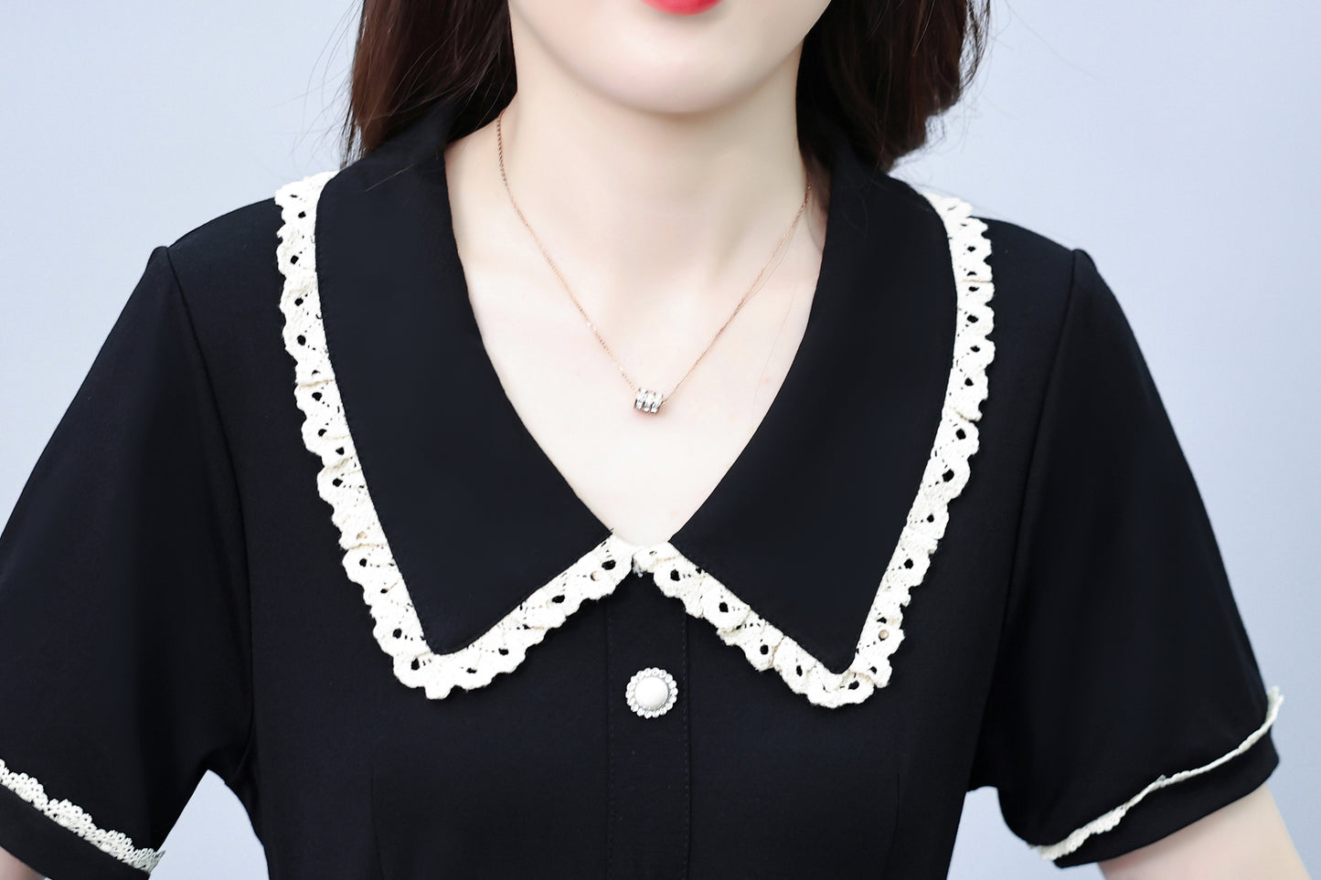 Women's Peter Pan Collar Short Sleeve Pocket Midi Dress - LAI MENG FIVE CATS
