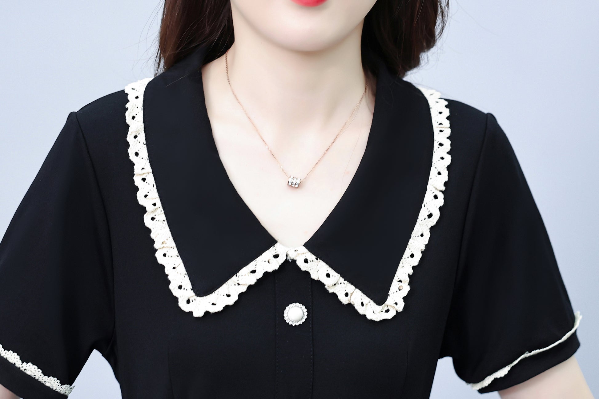 Women's Peter Pan Collar Short Sleeve Pocket Midi Dress - LAI MENG FIVE CATS
