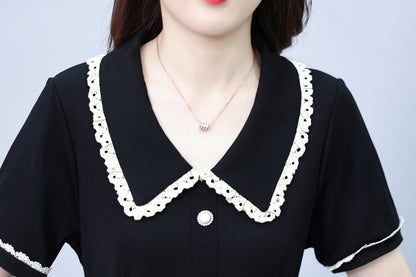Women's Peter Pan Collar Short Sleeve Pocket Midi Dress - LAI MENG FIVE CATS
