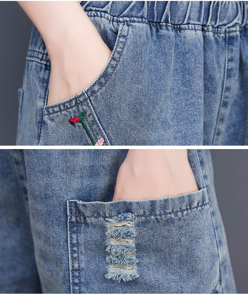 Women's Baggy Pull On Jeans Ripped Denim Shorts - LAI MENG FIVE CATS