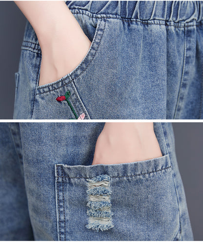 Women's Baggy Pull On Jeans Ripped Denim Shorts - LAI MENG FIVE CATS