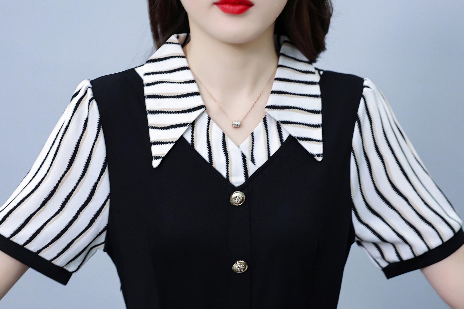 Women's Lapel V-Neck Pocket Short Sleeve Midi Dress - LAI MENG FIVE CATS