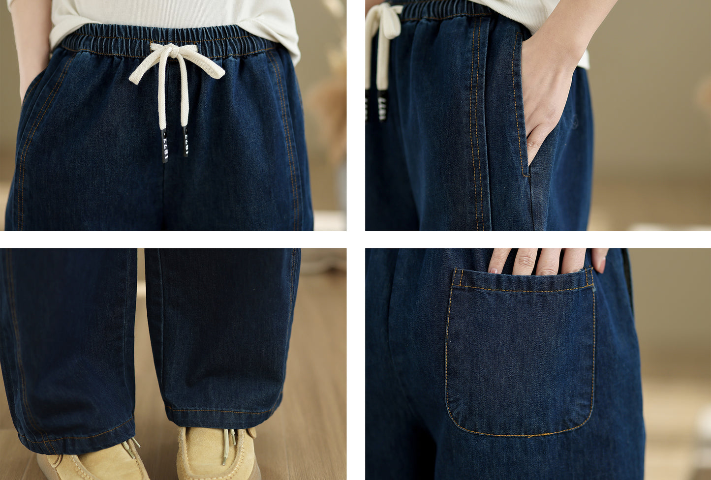 Women's Wide-Leg Jeans Elastic Waist Drawstring Pants