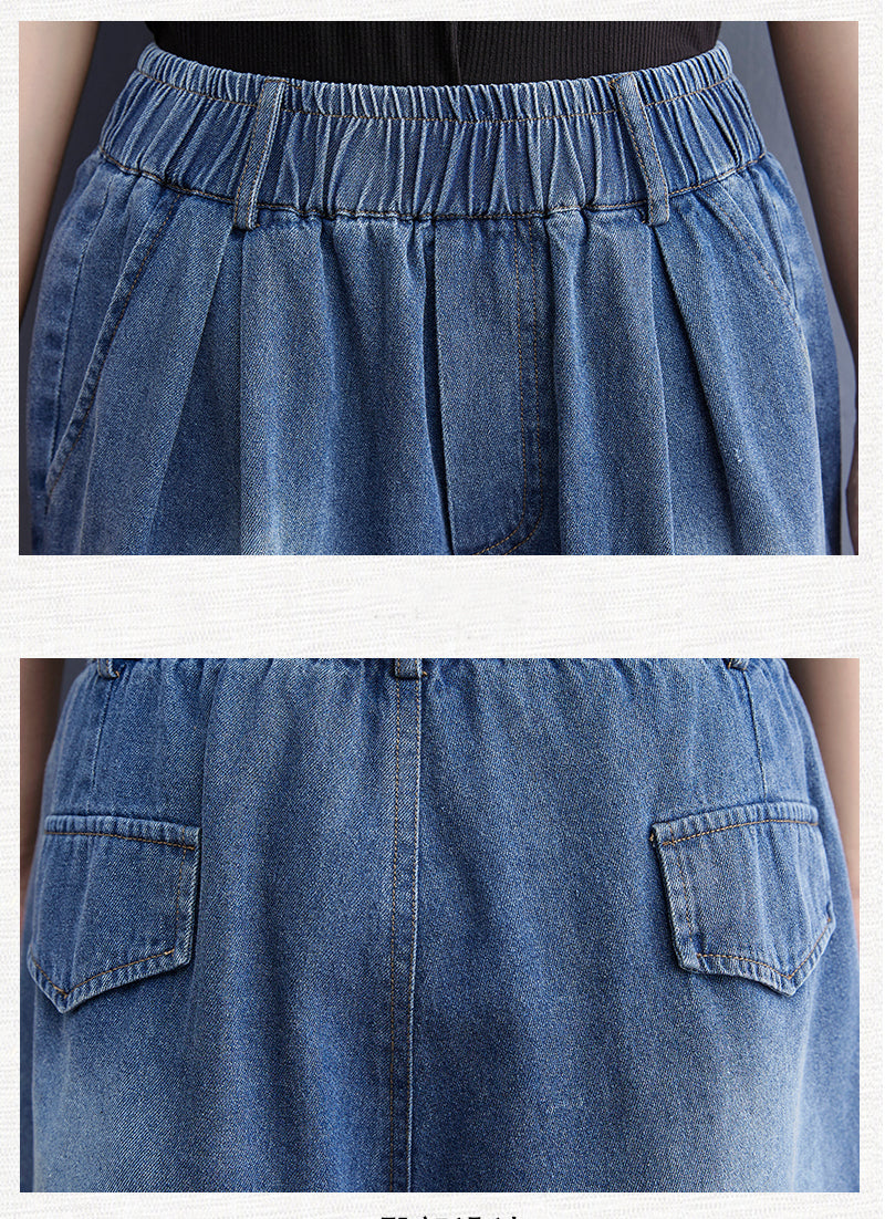 Women's Baggy Pull On Jeans Ripped Denim Shorts - LAI MENG FIVE CATS
