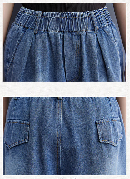 Women's Baggy Pull On Jeans Ripped Denim Shorts - LAI MENG FIVE CATS