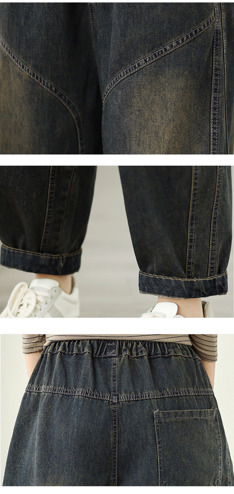 Women's Baggy Jeans Elastic Waist Harem Barrel Denim