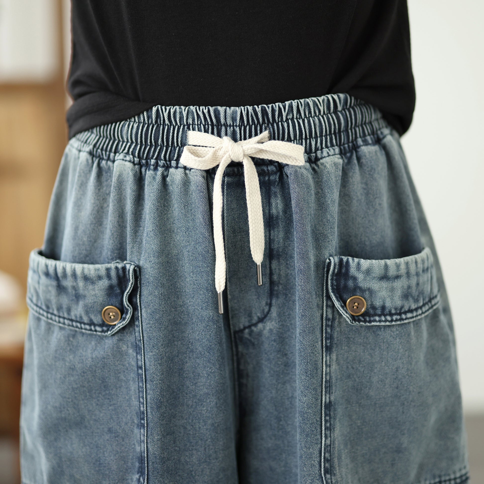 Jeans for Women Wide Leg Pull On Elastic Waist Denim - LAI MENG FIVE CATS