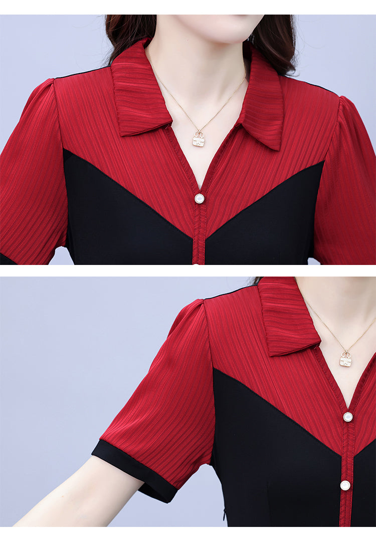 Women's Lapel V-Neck Pocket Short Sleeve Midi Dress - LAI MENG FIVE CATS