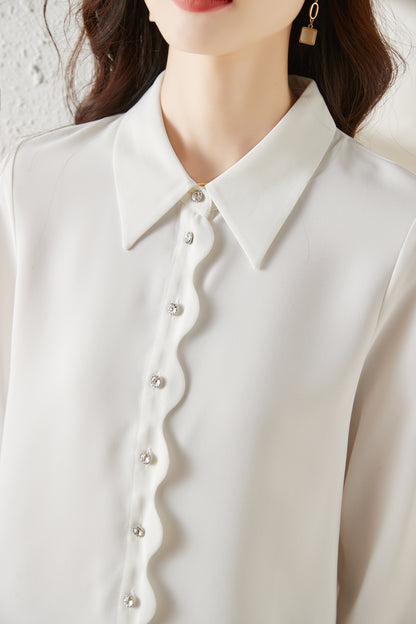 Women's V Neck Lantern Sleeve Blouse Button Tops