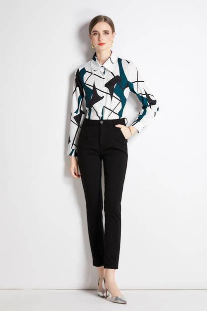 ESY-Women's Long Sleeve Lapel Collar Print Button Blouse