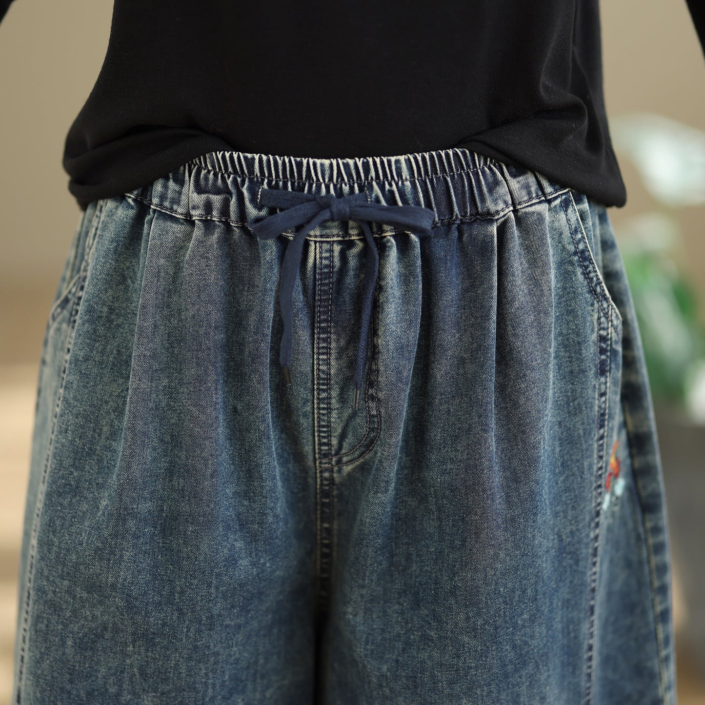 26-Women's Denim Wide Leg Baggy Elastic Waist  Jeans