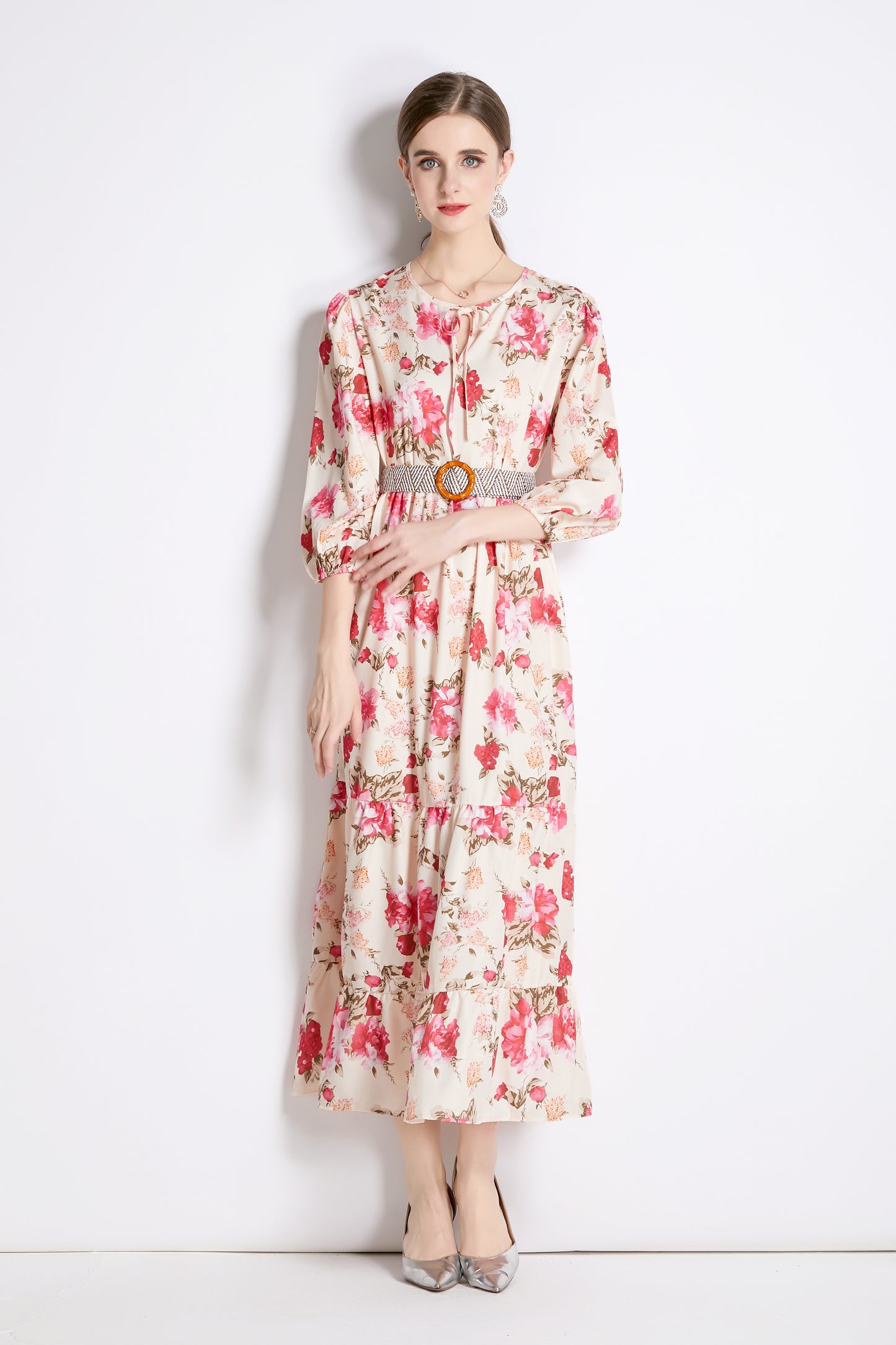 SSY-Women's Cutout Neck Floral Print 3/4 Sleeve Maxi Dress