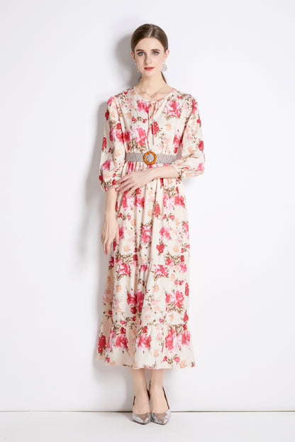 SSY-Women's Cutout Neck Floral Print 3/4 Sleeve Maxi Dress