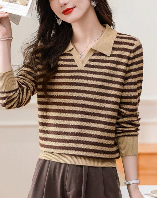 Women's Striped Sweater Lapel Ribbed Pullover Knit