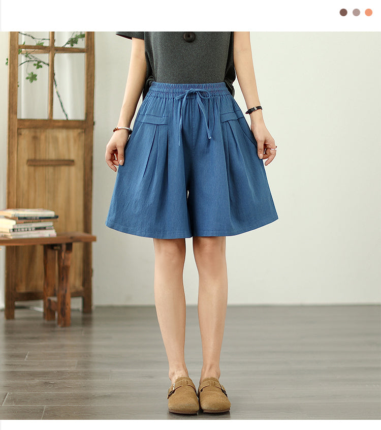 Women's High Waisted Baggy Jean Wide Leg Denim Shorts - LAI MENG FIVE CATS
