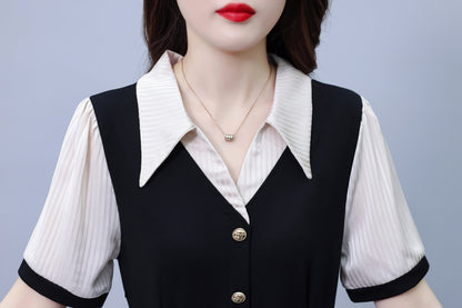 Women's Lapel V-Neck Pocket Short Sleeve Midi Dress - LAI MENG FIVE CATS