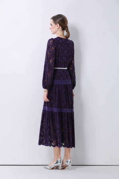 Women's V-Neck Puff Sleeves Button Lace Midi Dress