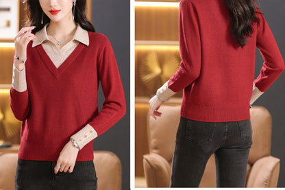 Women's Polo Contrast Collar Sweater Pullover Top