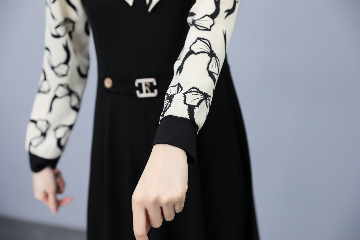 Women's Elegant Tie Neck Long Sleeve Black Dress - LAI MENG FIVE CATS