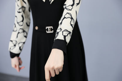 Women's Elegant Tie Neck Long Sleeve Black Dress - LAI MENG FIVE CATS