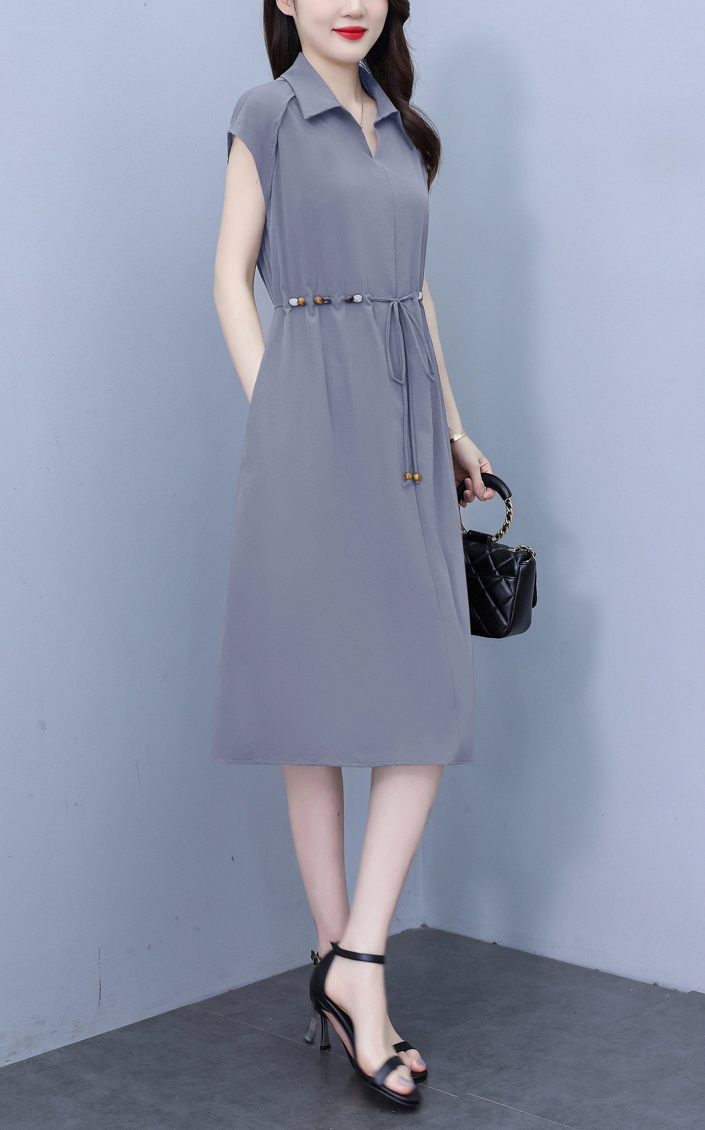 Women's V-Neck Cap Sleeve Pocket Midi Dress