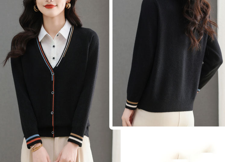 Women's V-Neck Collared Long Sleeve Shirt Striped  Blouse