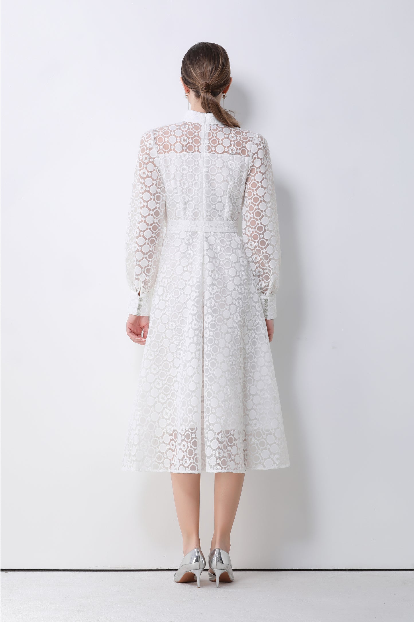 Women's Lace Lantern Sleeve Button Midi Dress