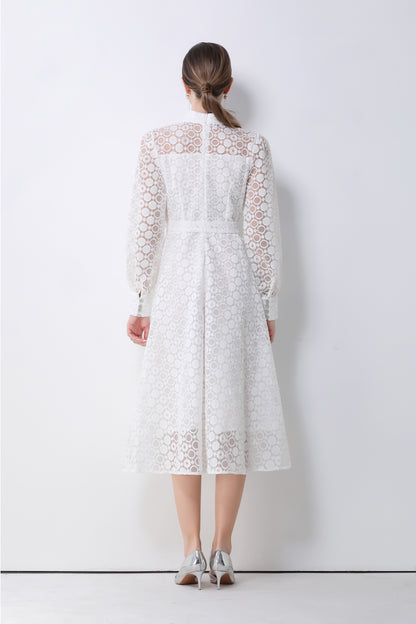 Women's Lace Lantern Sleeve Button Midi Dress