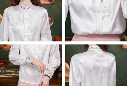 Women's Silk Satin Top Embroidered  Jacquard Shirt