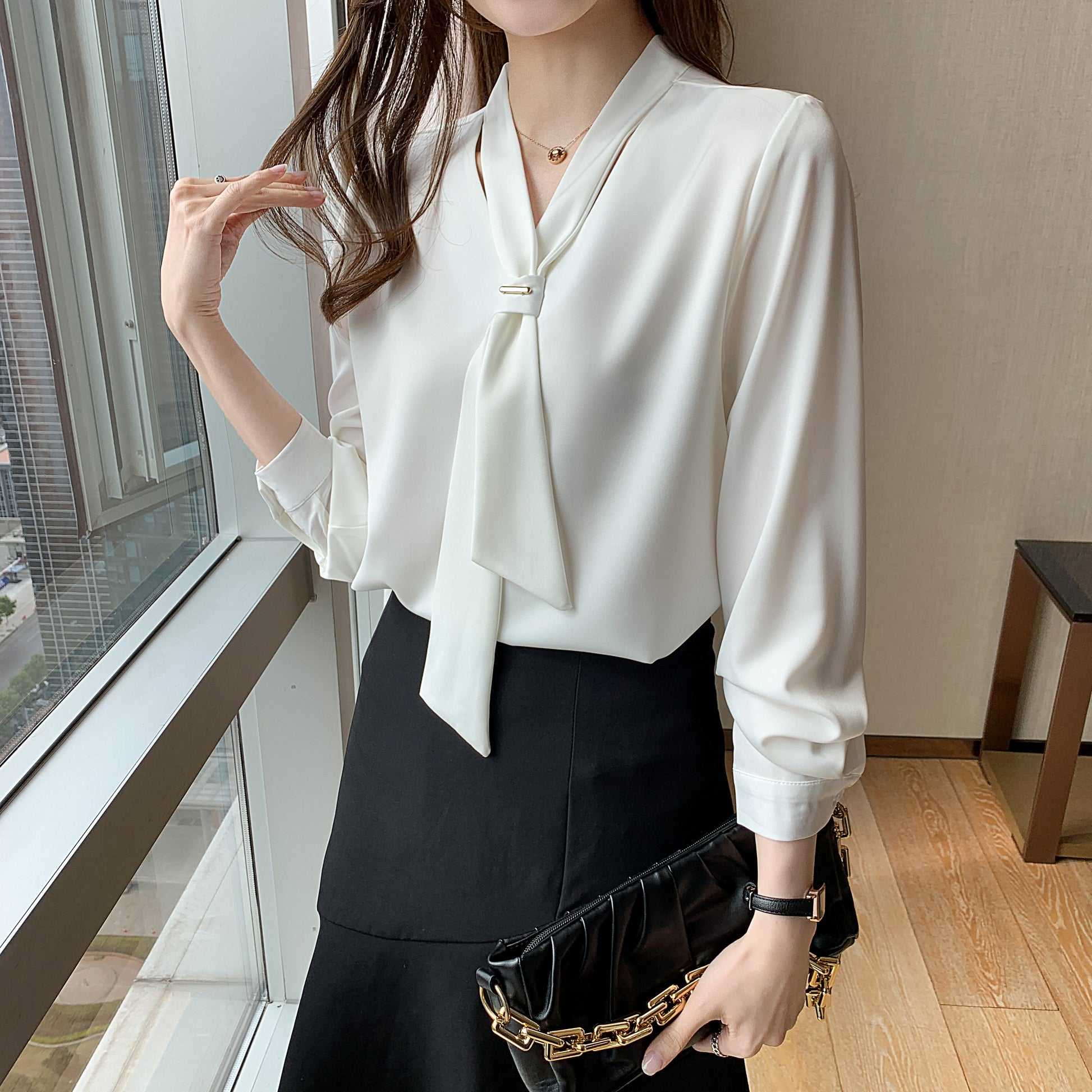 Women's Silk Satin Shirt Tie Neck Long Sleeve Blouse - LAI MENG FIVE CATS