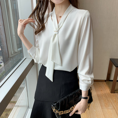 Women's Silk Satin Shirt Tie Neck Long Sleeve Blouse - LAI MENG FIVE CATS