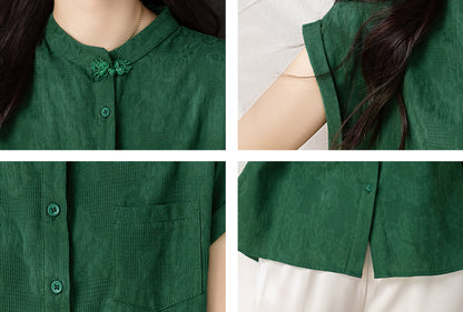 Women's Button Cap Sleeve Mandarin Collar Blouse Top - LAI MENG FIVE CATS