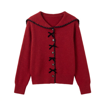 28700 Green Sailor Collar Button-Front Knit Cardigan